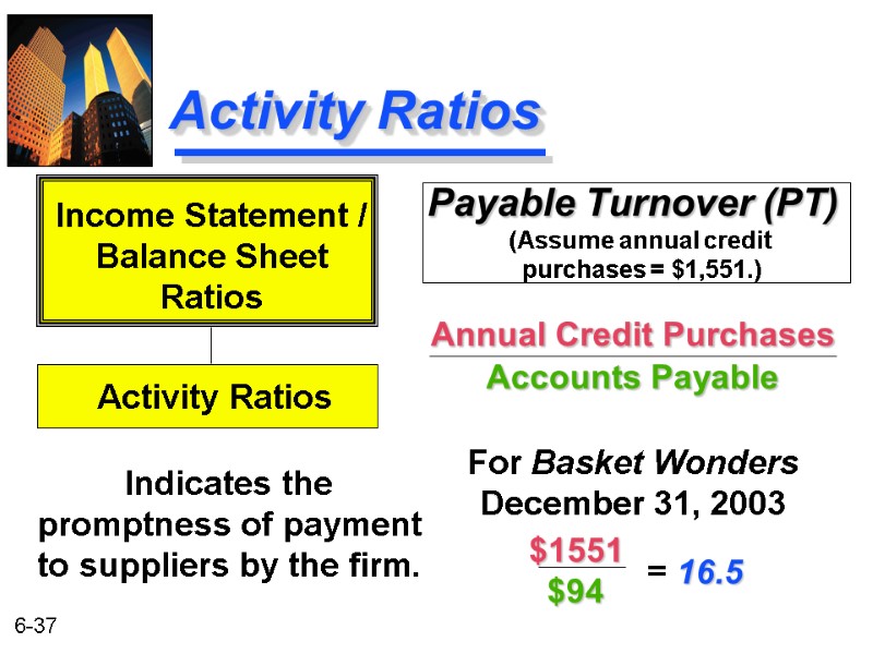 Activity Ratios Payable Turnover (PT)   Annual Credit Purchases Accounts Payable  For
